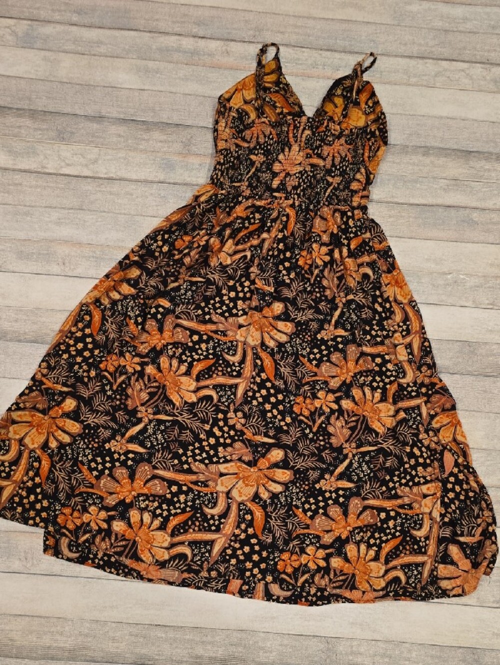 Angie Midi Black Dress with Orange and Brown Floral Accents Size Large Smocked - Picture 6 of 6